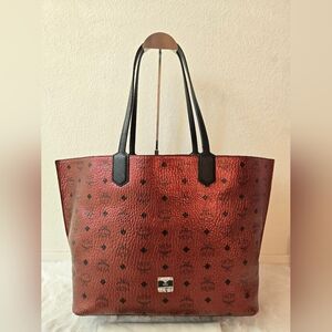 MCM Diamond Visetos Metallic Red Coated Canvas Tote